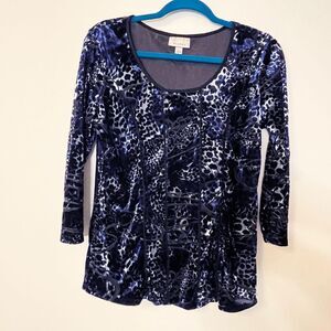Women's Navy and Black Animal Print Velvet Burnout 3/4 Sleeve - Size Large